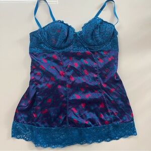 Frederick's of Hollywood Blue and Pink Satin Cami Chemise Top Push Up Bra